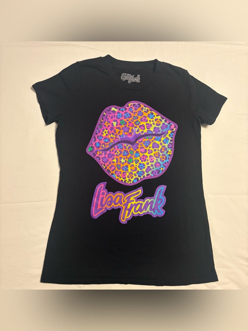 Lisa Frank Black Tee with Neon Leopard Lip Graphic size M